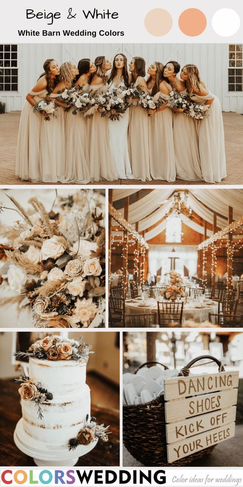 Beige And White Wedding Color Schemes, Brown White Wedding Theme, Wedding White And Champagne, Beige Wedding Bridesmaid Dress, Flowers For Champagne Wedding, Brown And White Wedding Theme, White And Beige Wedding Theme, Wedding Beige Theme, Beige Wedding Dress Champagne