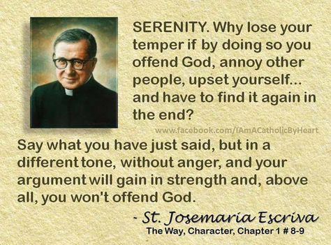 "Serenity.  Why lose your temper if by doing so you offend God, annoy other people, upset yourself... and have to find it again in the end. Say what you have just said, but in a different tone, without anger, and your argument will gain in strength,  and above all,  you won't offend God." - St. Josemaria Escriva St Josemaria Escriva, St Jose, Saints Quotes, Everyday Reminder, Catholic Doctrine, Prayer Garden, Learning To Pray, Saint Quotes Catholic, Holy Quotes