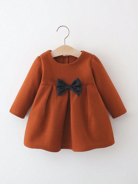 Brown  Collar Long Sleeve Woven Fabric Plain Smock Embellished Non-Stretch  Baby Girls Clothing Winter Frocks For Baby Girl, Baby Winter Dress, Girls Frocks, Newborn Baby Dresses, Frocks For Babies, Baby Girls Dresses, Frocks Design, Woolen Dresses