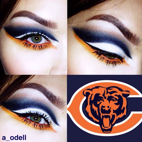 #nfl #makeup #chicago #bears #eod #mod #bhcosmetics #lorac #nyxcosmetics #makeupjunkie #halloween #makeupideas Chicago Bears Makeup Looks, Chicago Bears Makeup, Chicago Bears Nails, Football Makeup, Bear Makeup, Bear Halloween, Bears Nails, Scary Halloween Costumes, Fall Acrylic Nails