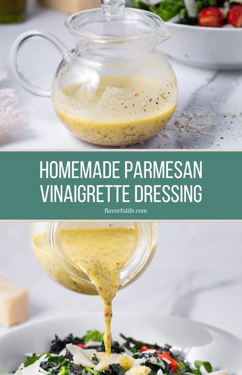 This easy and light homemade parmesan vinaigrette is a perfect choice for dressing up salads. Garlic parmesan dressing adds a fresh, zesty taste to any greens. Simple to whip up, it's a great way to make your meals more flavorful and exciting! Simple Homemade Dressings For Salads, Homemade Vinaigrette Dressing Healthy, Parmesan Garlic Salad Dressing, Healthy Vinaigrette Dressing, Ranch Vinaigrette Dressing, Light Vinaigrette Dressing, Homemade Garlic Dressing, Easy Homemade Dressings For Salads, Simple Salad Dressings