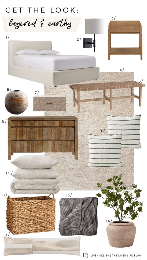 Get The Look: Layered Earthy Bedroom — LIVEN DESIGN Bedroom Earth Tones, Earth Tones Bedroom, Beige Upholstered Bed, Blanket Neutral, Bedside Table Wood, Modern Upholstered Bed, Cream Bed, Earth Tone Bedroom, Woven Bed