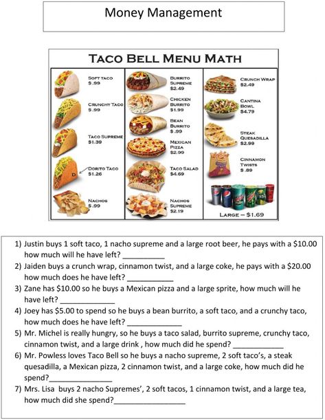 Money Skills Worksheets, Money Management Worksheets, Financial Literacy Worksheets, Money Management Books, Money Word Problems, Nachos Supreme, Maths Worksheet, Money Management Activities, Consumer Math