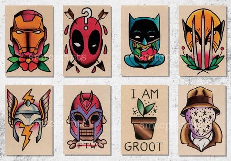 Brian Hemming prints! I want the deadpool and wolverine tattooed ... Wolverine Tattoo, Deadpool Tattoo, Quetzalcoatl Tattoo, Deadpool And Wolverine, Marvel Tattoos, 4 Tattoo, Traditional Tattoo Flash, Desenho Tattoo, Girly Tattoos