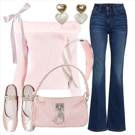 💗 Flare Jeans Aesthetic, Pink Flare Jeans, Coquette School, Jeans Aesthetic, Off Shoulder Sweater, School Outfit, Pink Sweater, Shoulder Sweater, Fitness Inspo