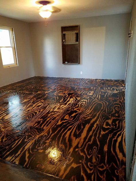 Plywood Sheet Flooring, Bob Schoenfelder, Burned Plywood Floor, Featured On @Remodelaholic Burnt Plywood Floor, Stained Plywood Floors, Plywood Flooring Diy, Pallet Floors, Detail Arsitektur, Plywood Floor, Plywood Flooring, Refinishing Floors, Diy Holz