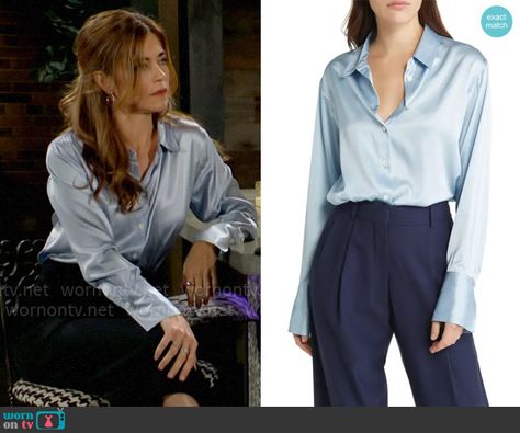 Blue Satin Shirt Outfit Classy, Silk Button Up Outfit, Satin Shirt Outfit Classy, Silk Button Down Shirt Outfit, Satin Shirt Outfit, Satin Blouse Outfit, Cross Neck Dress, Amelia Heinle, Satin Wrap Dress