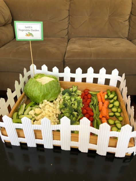 A veggie garden tray for a farm themed birthday party. Farm Themed Tea Party, Farm Themed Birthday Food Ideas, Farm Theme Games For Birthday Party, 40th Birthday Farm Theme, Farm First Birthday Food Ideas, Dinosaur Farm Party, Farm Theme Rice Krispie Treats, Farm Animal Tractor Birthday Party, Agriculture Party Ideas