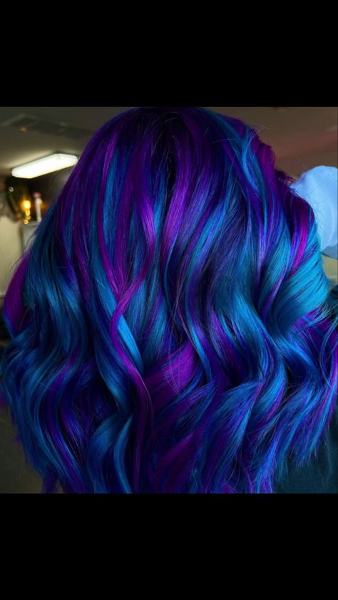 Blue And Purple Mixed Hair, Aqua And Purple Hair, Peacock Colored Hair, Blue Purple Teal Hair, Teal And Lavender Hair, Galaxy Hair Color Ombre, Mermaid Hair Color Peekaboo, Purple And Blue Hair Color Ideas, Dark Blue And Purple Hair