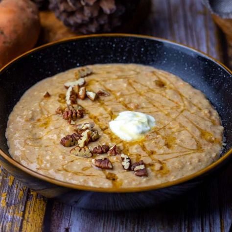 Sweet Potato Porridge (Simple Autumn Breakfast Recipe) | Somebody Feed Seb Sweet Potato Porridge, Chocolate Porridge Recipes, Chocolate Porridge, Fall Recipes Breakfast, Steamed Sweet Potato, Porridge Recipes, Potato Puree, Oats Breakfast, Toasted Pumpkin Seeds