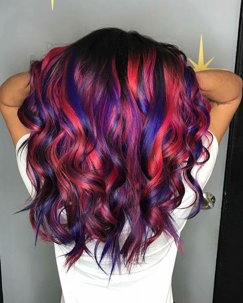 Purple and red hair Black Hair With Red And Purple Highlights, Red Blue Purple Hair Highlights, Multi Red Hair Color Combos, Purple Highlights Red Hair, Blue Purple Red Hair, Purple And Red Hair Highlights, Red Blue And Purple Hair, Purple And Red Hair Color, Red Hair With Colored Highlights