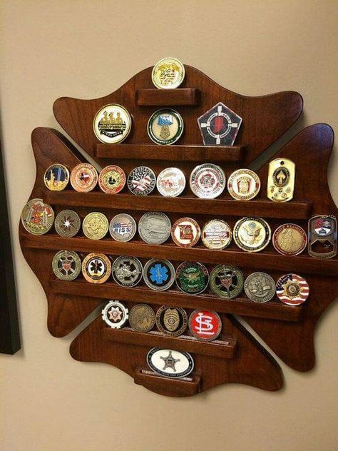 Military Coin Display, Firefighter Graduation, 50 Challenge, Woodcraft Ideas, Fire Theme, Firefighter Crafts, Trophy Shelf, Firefighter Retirement, Patches Display