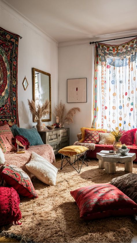 Cozy living room with colorful pillows, patterned drapes, and wall art, creating a bohemian vibe. Floor Seating Living Room Bohemian, Multiple Rugs In One Room, Layered Rugs Living Room, Eclectic Inspiration, Floor Seating Living Room, Boho Living Room Ideas, Bohemian Living Rooms, Comfy Living Room, Moroccan Interiors