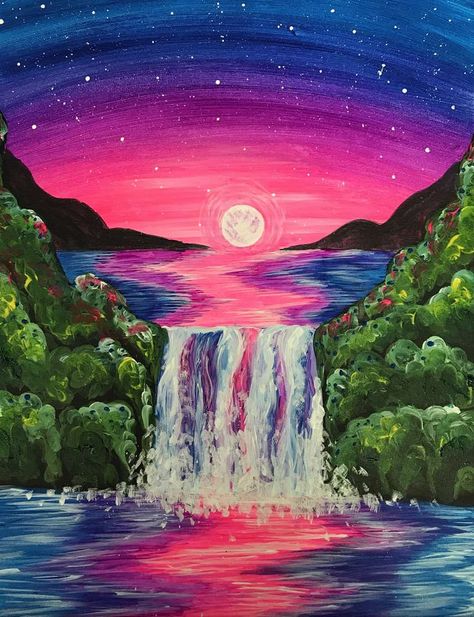 Painting Parties & Classes in Fort Collins - Paint & Sip Events Canvas Art Painting Acrylic, Easy Landscape Paintings, Waterfall Paintings, Easy Canvas Art, Canvas Painting Diy, Small Canvas Art, Nature Art Painting, Creative Painting, Aesthetic Painting