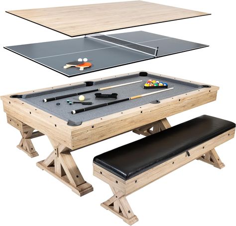 7 FT 3 in 1 Multi Game Pool Table with Dining Top Pool Table Ping Pong Table Combo with Dual Storage Bench Seating, Rustic Oak Pool Ping Pong Table, Hidden Pool, Multi Game Table, Oversized Chair Living Room, Storage Bench Seating, Pool Tables, Game Storage, Backyard Renovations, Oversized Chair