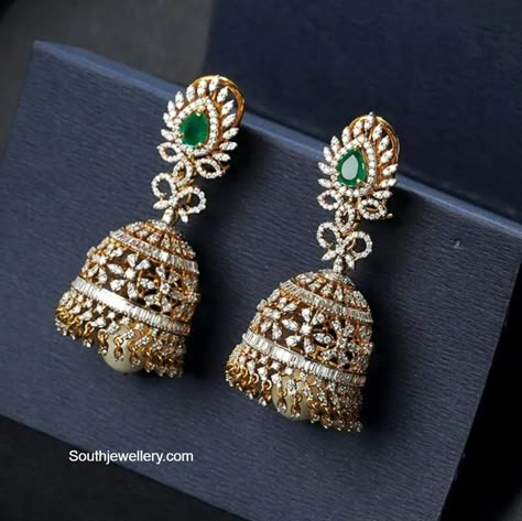 Green Drop Bridal Earrings For Diwali, Fusion Diamond Jhumkas For Wedding, Formal Hand-set Diamond Jhumkas, American Diamond Bridal Earrings For Diwali, Luxury Hand-set Diamond Jhumkas, Diamond Buttalu, Gold Buttalu, Diamond Jhumkas, Drop Earrings Simple