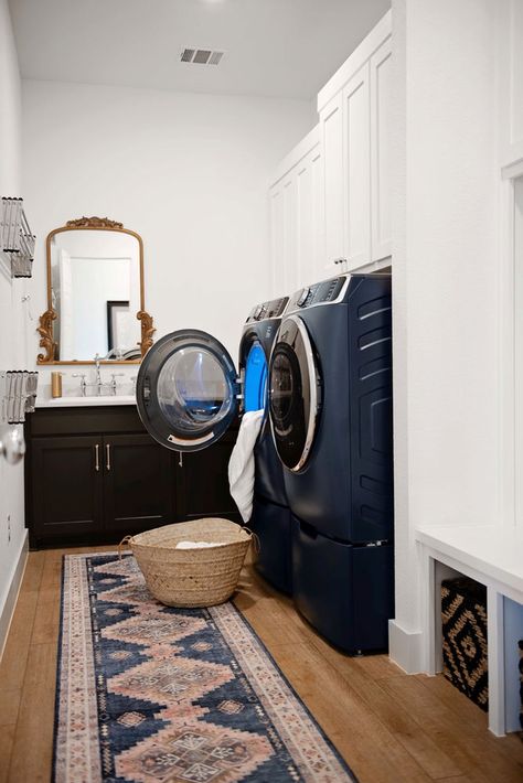 Blue Washer And Dryer, Farmhouse Dinnerware Sets, Washer Dryer Laundry Room, Blue Laundry Rooms, Navy Blue Decor, White Laundry Rooms, New Washer And Dryer, Dream Laundry Room, Laundry Dryer