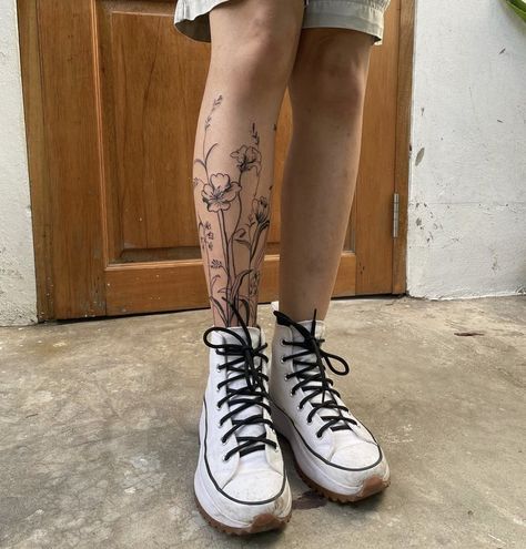 Flower Sleeve Tattoo Leg, Plants Growing Up Leg Tattoo, Delicate Shin Tattoo, Small Tattoos Legs Women, Flowers On Shin Tattoo, Flowers On Legs Tattoo, Wildflowers Leg Tattoo, Outline Leg Tattoo, Wildflower Tattoo Lower Leg