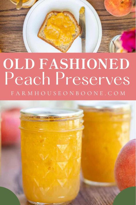 This super simple, three ingredient, homemade peach preserves (aka peach jam) recipe is one of the tastiest ways to enjoy peaches all year round. No pectin needed. #farmhouseonboone #peachpreserves #peachjam Peach Jelly Recipe Canning, Peach Jam Recipe No Pectin, Peach Jam Recipe Without Pectin, Can Peaches Recipes, Peach Preserves Recipe, Peach Freezer Jam, Donut Peach, Farmhouse On Boone, Peach Sauce