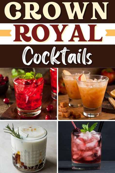 Try these Crown Royal cocktails the next time you need a stiff drink! From an old-fashioned to peaches and cream to a whiskey sour, there are so many drinks you can make with Crown. Vanilla Crown Royal Drinks, Crown Vanilla Drinks Recipes, Blackberry Crown Drinks, Crown Cocktails, Crown Drinks, Royal Cocktails, Crown Vanilla, Crown Royal Recipes, Crown Drink