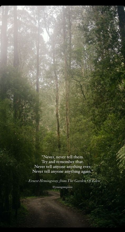 Never Tell Anyone Anything, Garden Of Eden Quotes, Ernest Hemingway Books, Hemingway Quotes, Never Never, The Garden Of Eden, Garden Quotes, Try To Remember, World Of Books