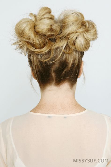 double-high-buns-tutorial Mini Bun Hairstyles, Mini Bun, Missy Sue, High Hair, Messy Bun Hairstyles, Bun Hairstyles For Long Hair, Feathered Hairstyles, Cool Haircuts, Messy Hairstyles