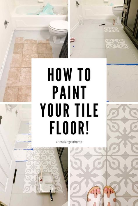 Jun 19, 2020 - A full tutorial on how to paint tile floors and stencil them for a great finished outcome and total room transformation by Arin Solange at Home. Bathroom Tile Diy, Bathroom Diy Ideas, Tile Diy, Paint Tile, Painting Tile Floors, Diy Bathroom Makeover, Painted Tile, Bathroom Makeovers, Diy Tile