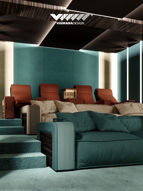 Colourful home theater room with sofas and recliner seating. Complete of fitted carpet and cladding by Vismara Design Italy Sala Cinema, Home Theater Room Design, Theater Room Design, Auditorium Seating, Home Cinema Seating, Home Cinema Room, Italian Home, Three Seat Sofa, Home Theater Rooms