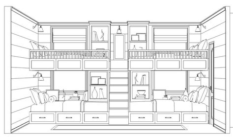 DESIGNING A KID'S BUNK ROOM — TAMI FAULKNER DESIGN Bunk House Plans Layout, Twin Bunk Room, Bunk Room Plans Built Ins, Bunk Room House Plans, Bunk Bed Small Room Layout, Bunk Bed Movie Room, Built In Quad Bunk Beds, Diy Bunk Room Plans, Bunk Bed Floor Plan