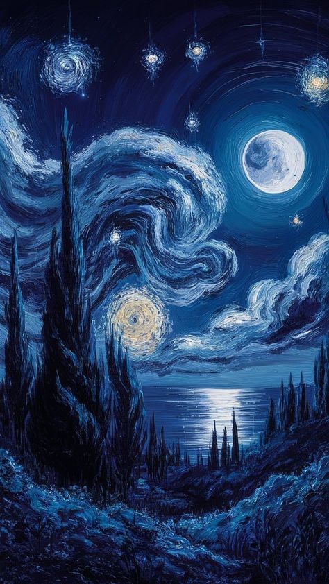 Night Sky Art Aesthetic, Deep Blue Aesthetic, Wallpaper Celestial, Lukisan Van Gogh, Moonlit Landscape, Bathroom Painting, Starry Night Wallpaper, Trees Silhouette, Swirling Clouds