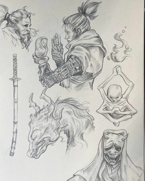 Sekiro Artwork, Sekiro Drawing, Shinobi Art, Sekiro Art, Dope Drawings, Samurai Artwork, Anatomy Drawing, Creature Concept Art, Creature Concept