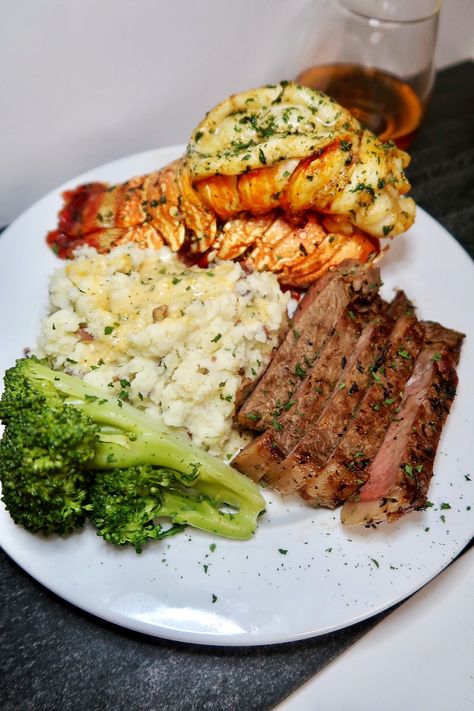 Valentines Dinner Seafood, At Home Seafood Dinners, 5 Star Restaurant Food Recipes, 5 Star Dishes, 5 Star Meals Dinners, Steak And Lobster Tail Dinner, Romantic Surf And Turf Dinner For Two, Surf Turf Dinner Recipes For, Surf And Turf Wedding Dinner