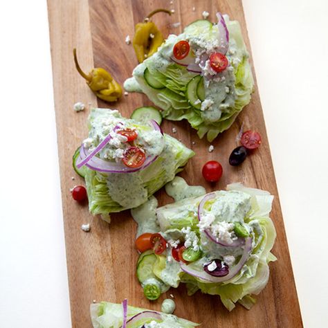 8 Recipes for the Coolest Retro Salad Around: The Wedge | Food & Wine Feta Dressing Recipe, Cucumber Red Onion Salad, Wedge Salad Recipes, Feta Dressing, Blue Cheese Dressing Recipe, Greek Yogurt Dressing, Dressing Salad, Creamy Feta, Salad With Feta