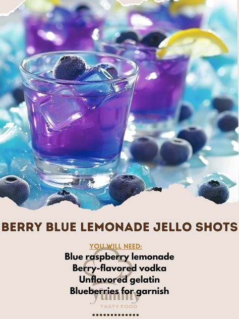 🍋🫐 Dive into summer with Berry Blue Lemonade Jello Shots! #SummerPartyEssentials Berry Blue Lemonade Jello Shots Ingredients: Blue raspberry lemonade Berry-flavored vodka Unflavored gelatin Blueberries for garnish Instructions: Dissolve gelatin in hot lemonade. Stir in vodka. Pour into shot cups, add a blueberry on top. Chill until set. 🌞🌊 Refresh and impress with these vibrant, fruity jello shots. Perfect for any outdoor event or just a fun day by the pool. Spread the joy of summer with #B... Blueberry Jello Shots, Blue Jello Shots Recipe, Lemonade Berry, Hot Lemonade, Cocktails With Blue Curacao, Lemonade Jello Shots, Jello Shots Vodka, Beautiful Drinks, Blue Raspberry Lemonade