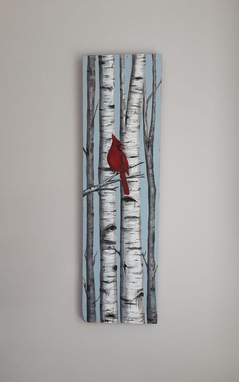 Hand painted white birch trees painting on wood plank,9x32 in, Aspen birch trees painting, lakehouse decor, wood wall art, housewarming gift by DriftandJingleStudio on Etsy How To Paint Birch Trees, Paintings Of Cardinals, Painting Ideas On Wood Acrylic, Handsaw Painting, Birch Tree Painting Acrylic, Rustic Painting On Wood, Cardinal Crafts, Leaner Signs, Porch Boards