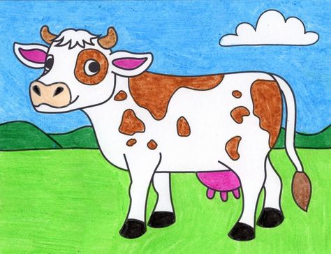 How to Draw a Cow · Art Projects for Kids Cow Drawing Easy, Drawing Pictures For Kids, Cow Sketch, Cow Coloring Pages, Cow Drawing, Cow Colour, Easy Animal Drawings, Cowgirl Art, Kids Painting