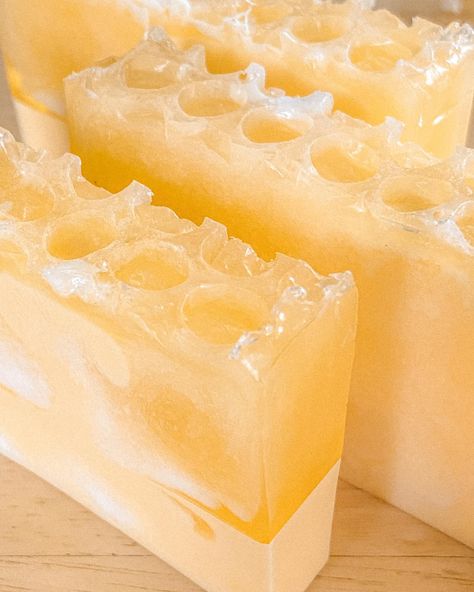 Three bars of yellow and gold soap are lined up on a table top. The tops of the soap bars resemble the look of a honey comb. Pretty Products, Honey Oats, Sugar Scrubs, Shea Butter Soap, Body Butters, Soap Bars, Lip Balms, Harmful Chemicals, Blue Butterfly