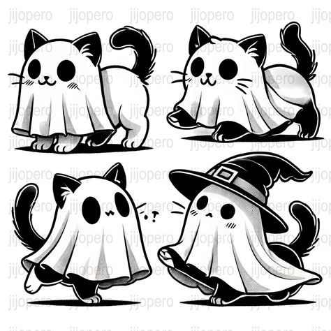 Witch Cat Drawing, Cute Halloween Illustration, Halloween Cat Svg, Cat With Witch Hat, Illustrations Black And White, Cat Ghost, Paper File, Cute Witch, Image Chat