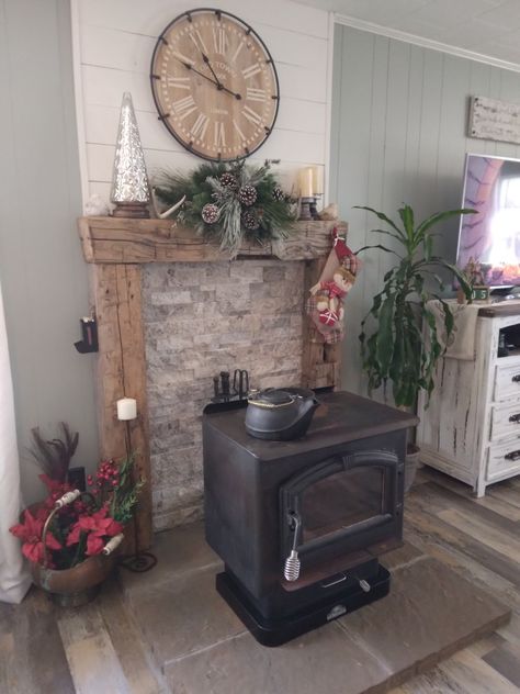 Shiplap Wood Stove, Wood Stove Surround Wall, Behind Wood Stove Wall, Stone Behind Wood Stove, Wood Stove Wall Behind, Pellet Stove Ideas, Bedroom Mantle, Stove Surround, Corner Wood Stove