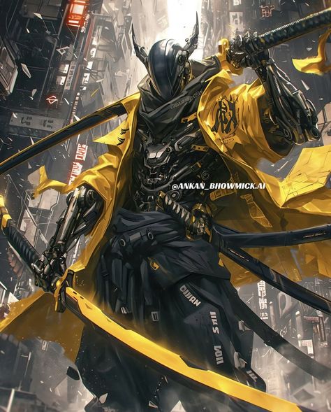 Futuristic Cyberpunk Fashion, Yellow Cyberpunk, Cyberpunk Samurai, Dark Souls Artwork, Cyberpunk Armor, Warrior Concept Art, Dark Fantasy Artwork, Cyberpunk Character, Shadow Art