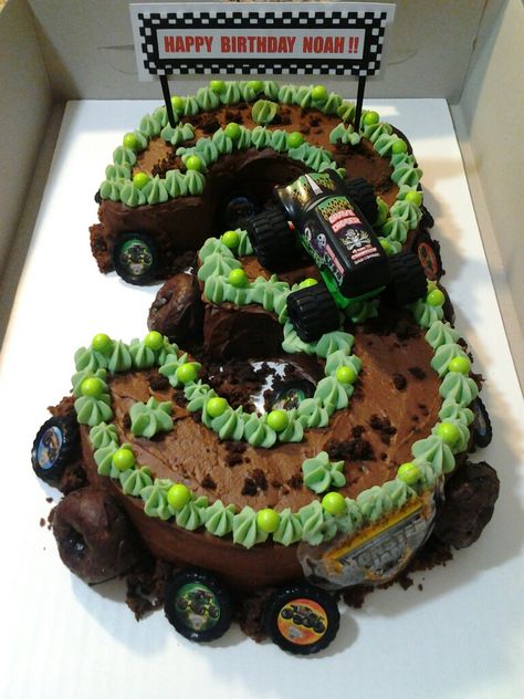 3 Monster Truck Cake, Number 3 Cupcake Cake Monster Truck, Mini Monster Truck Cake, Monster Truck Number Cake, Homemade Monster Truck Cake, Monster Truck Pizza Party, Monster Truck Desserts, Monster Truck Cookie Cake, Monster Truck Cake Pops