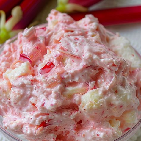 Delicious Rhubarb Fluff Delicious Rhubarb Fluff, Rhubarb Jello Salad Recipes, Rhubarb Fluff Dessert, Rhubarb Fluff Salad, How To Freeze Rhubarb, Rhubarb Recipes For Diabetics, Rhubarb Fluff, Jello Whip, Rhubarb Salad