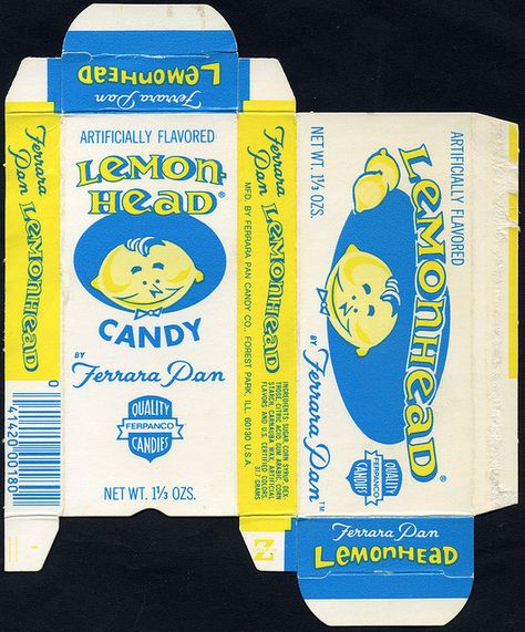 Ferrara Pan - Lemonhead two-sided candy box - 1970's by JasonLiebig, via Flickr Vintage Candy Packaging, Vintage Candies, Old School Candy, Lemon Head, Penny Candy, Nostalgic Candy, I'm Sick, Retro Candy, Anak Manja