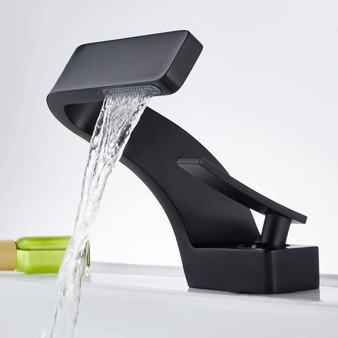 Bathroom Sink Waterfall Faucet,Solid Brass Single Handle Hot and Cold Water Mixer Tap, Lavatory Vanity Sink Faucet Bathroom Sink Faucets Waterfall, Bathroom Sink Faucets Modern, Waterfall Vanity, Matte Black Bathroom, Faucet Design, Waterfall Faucet, Vanity Basin, Brass Faucet, Basin Mixer Taps