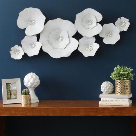 Stratton Home Decor Lily Pad Metal Wall Sculpture | Hayneedle Metal Flower Wall Decor, Padded Wall, Metal Tree Wall Art, Floating Flowers, Metal Wall Sculpture, Metal Tree, Floral Wall Decor, White Lilies, Contemporary Wall Decor