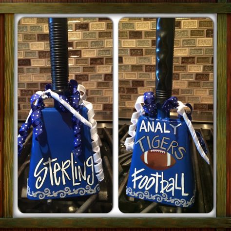 Decorated Cowbells For Football, Diy Cowbells For Football, Cow Bell Decor Ideas Football, Football Cowbell Ideas, Spirit Cowbell, Cowbell Decorations Football, Knights Crafts, Football Cowbells, Cowbell Decorations