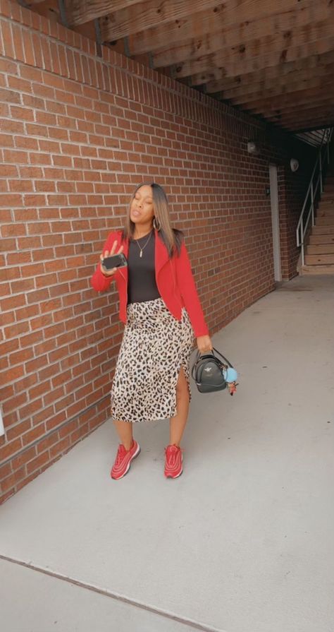 Black Skirt Red Heels Outfit, Skirt With Nike Sneakers, How To Wear Red Shoes, Blazer And Tennis Shoes Outfit, Cheetah Shoes Outfit, Red Sneakers Outfit Women, Cheetah Print Shoes Outfit, Red Blazer Outfit Casual, Dressy Outfits With Sneakers