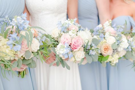 Stephanie + Josh | A Dusty Blue Lindsay Lakes Wedding - Joanna Krueger Photography Blue And Pink Bridesmaid Bouquet, Blue And Pink Wedding Centerpieces, Light Blue Spring Wedding, Dusty Blue Pink Wedding, Blue And Blush Wedding, Light Pink Wedding, Pastel Bouquet, Blush Wedding Flowers, Pink Wedding Theme