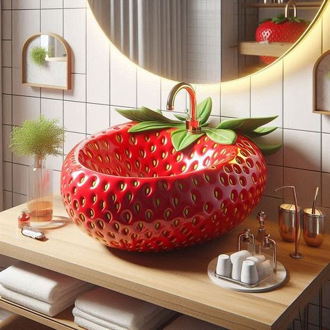 Juicy Elegance: Bring Vibrancy to Your Washroom with Fruit Sinks Fruit Sinks 🍉🚰🌿 #FreshFaucets #JuicyJunctions #VibrantVessels Bring a burst of freshness to your kitchen with Fruit Sinks. Inspired by the colorful bounty of nature's harvest, these sinks feature designs and shapes reminiscent of your favorite fruits, such as watermelons, oranges, and pineapples. With their vibrant appearance and practical functionality, Fruit Sinks add a playful yet functional touch to your culinary space. Elev... Strawberry Furniture, Fruit Bathroom, Quirky House, Strawberry Decor, Summertime Decor, Strawberry Delight, Colourful Tile, Girl Bedroom Designs, Juicy Fruit