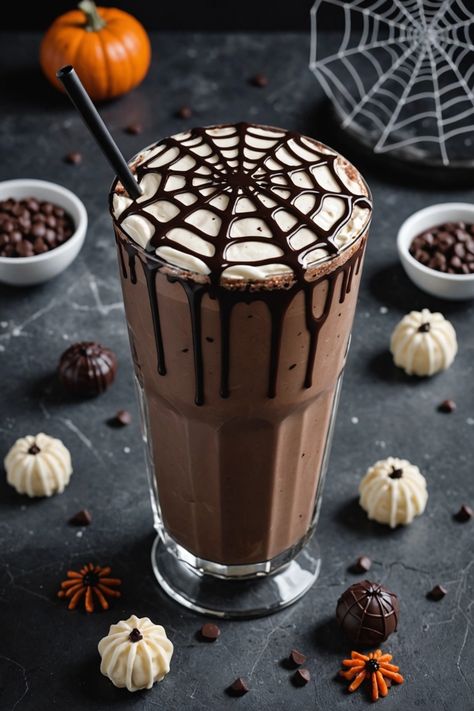 A photo of a  Spider Web Chocolate Milkshake which is a type of Halloween Milkshare ideas Halloween Smoothies For Kids, Halloween Milkshake Ideas, Spooky Hot Chocolate, Hot Halloween Drinks, Halloween Ice Cream Ideas, Halloween Treats Aesthetic, Fall Milkshakes, Halloween Latte Art, Chocolate Milkshake Aesthetic